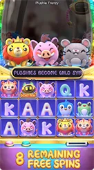 Plushie Frenzy · Membaca penataan simbol pada kisi 5x3 dan mengidentifikasi simbol bernilai khusus saat berhenti.
